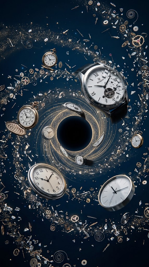 Varios relojes y piezas de mecanismos giran alrededor de un agujero negro que simboliza la pérdida de tiempo.